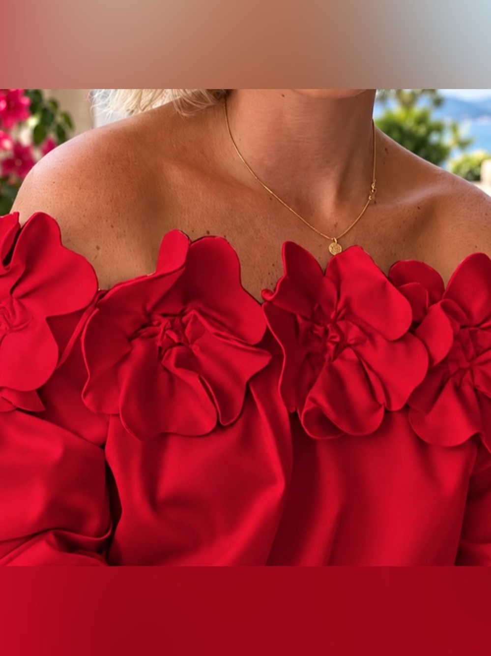 Astrid Holly Berry Red Floral Off-Shoulder Blouse - 3D Petal Detail Small NWT